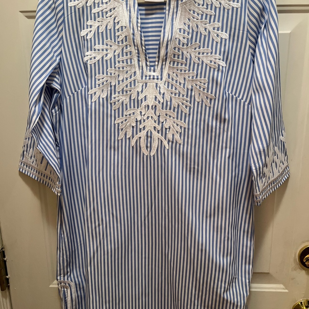 Gretchen Scott Blue and White Striped Shift Dress with Embroidery